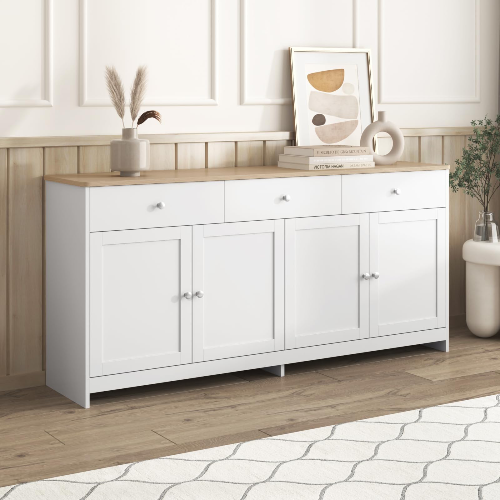 Credenza Cucina 160 cm Madia Soggiorno Moderna con 3 Cassetti e 4 Ante, Buffet Mobile con Ripiani Regolabili e Rimovibili per Cucina, Soggiorno, Ingresso, 160 x 37 x 75 cm, Bianco e Legno