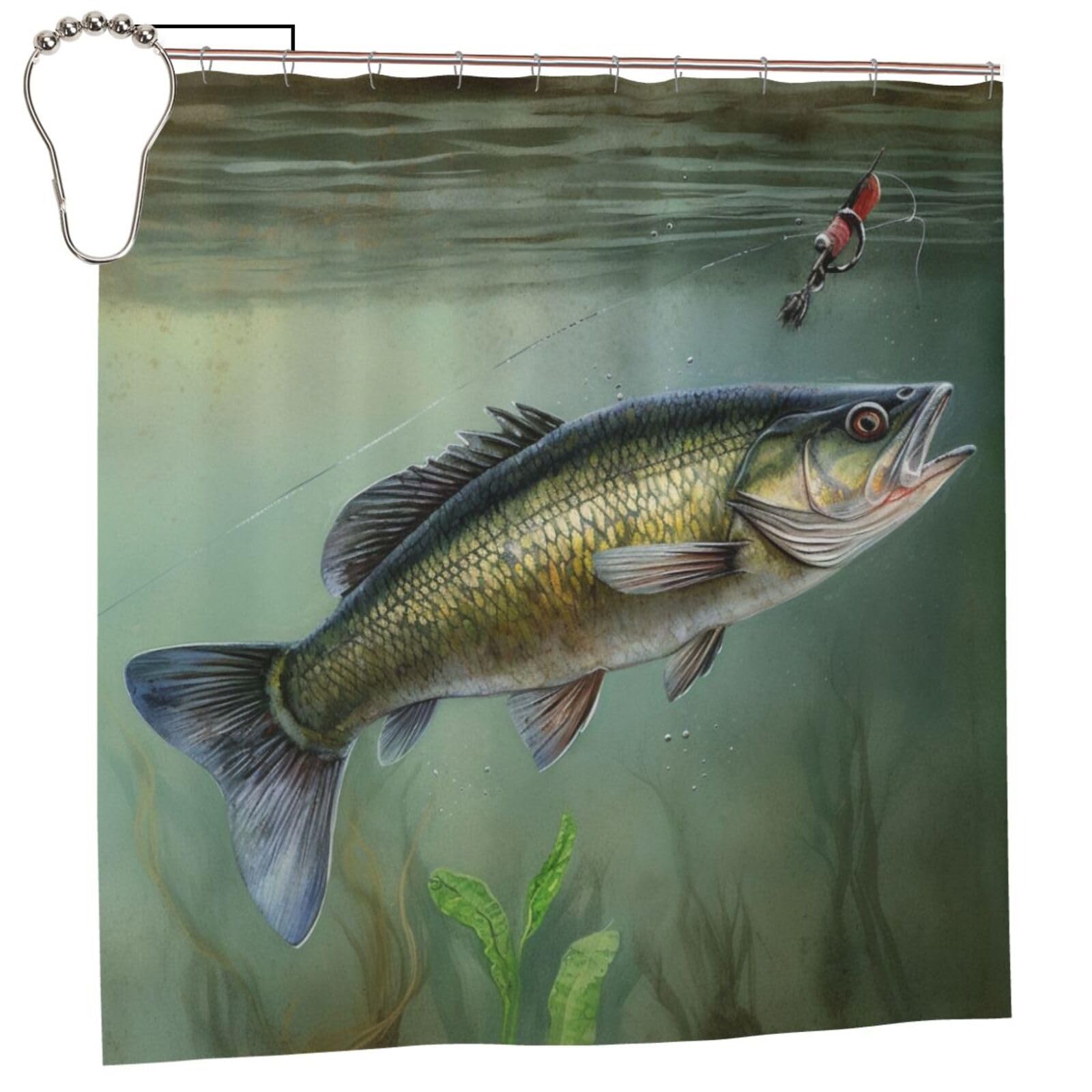 BWWHCCTI Fish with a Lure Printed Shower Curtain With 12 Iron Hooks Opaque Quick Drying Waterproof Shower Curtains Sets For Bathroom 183x183 CM