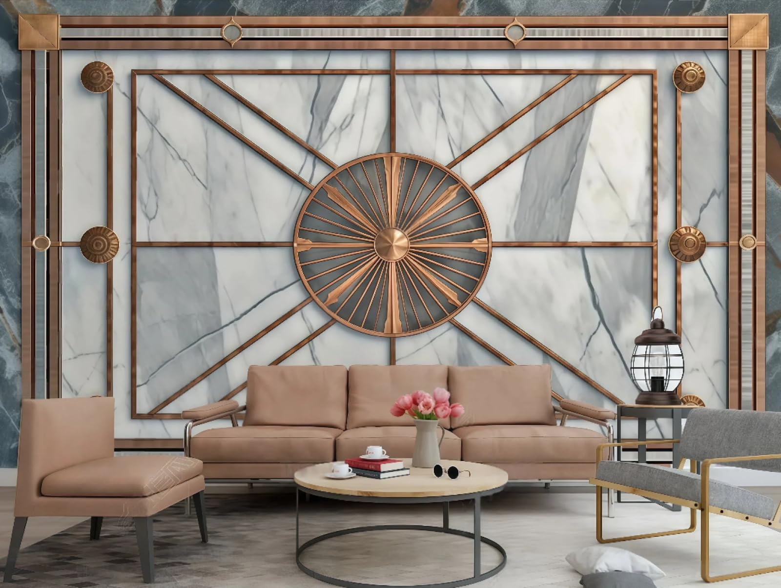 Tapeta sztuka nowoczesna złota linia geometryczne łączenie szary i niebieski marmur łupek malarstwo telewizor sofa tło ściana salon sypialnia jadalnia ścienna, 3D, 200x140 cm
