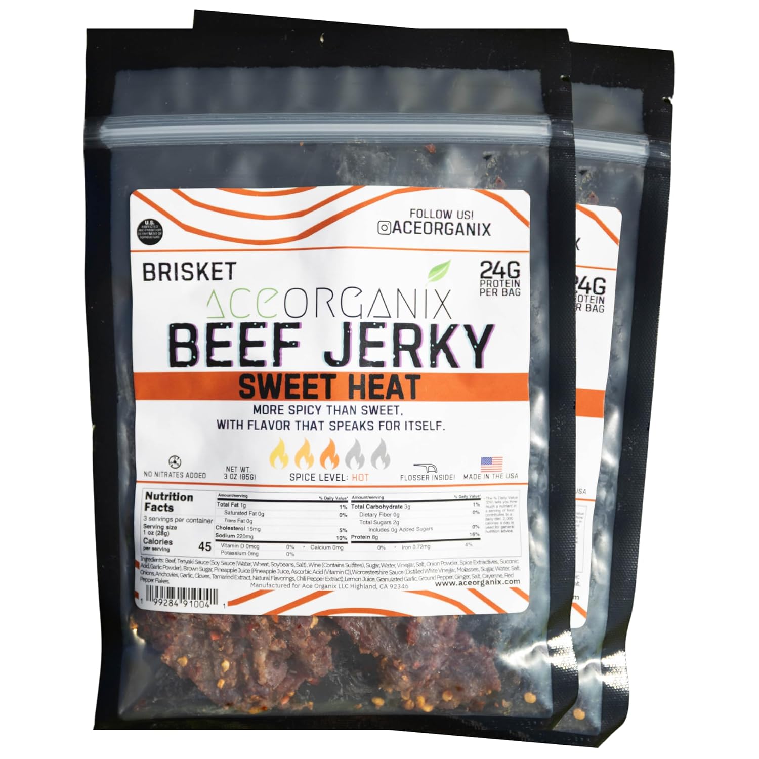 Ace Organix Brisket Beef Jerky Sweet Heat – Sweet with Bold Spicy Kick – Premium High Protein Snack – Clean Ingredients, No Added Nitrates – Made in USA (2 Pack)