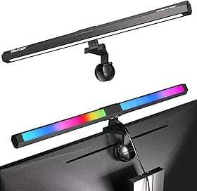 Barra de luz para monitor RGB Quntis, luz de fundo regulável de 15 modos, brilho ajustável de 3 temperaturas de cor, Ra95 lâmpada de mesa para escritório em casa para jogos e cuidados com os olhos