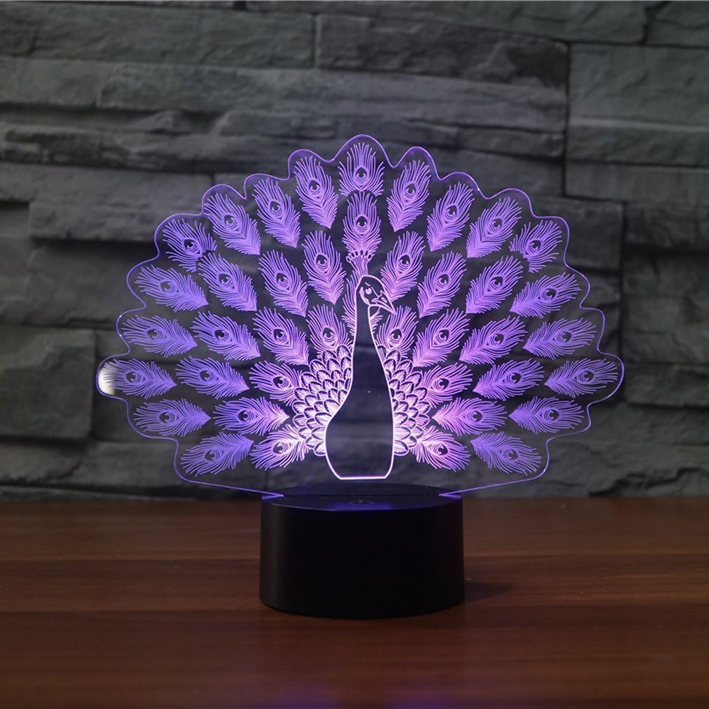 LED Night Light,WONFAST 3D Visualization Amazing Optical Illusion 7 Color Changing Touch Button USB Powered Home Decor Lamp Desk Lamp Gift for Kids Christmas (Peacock)