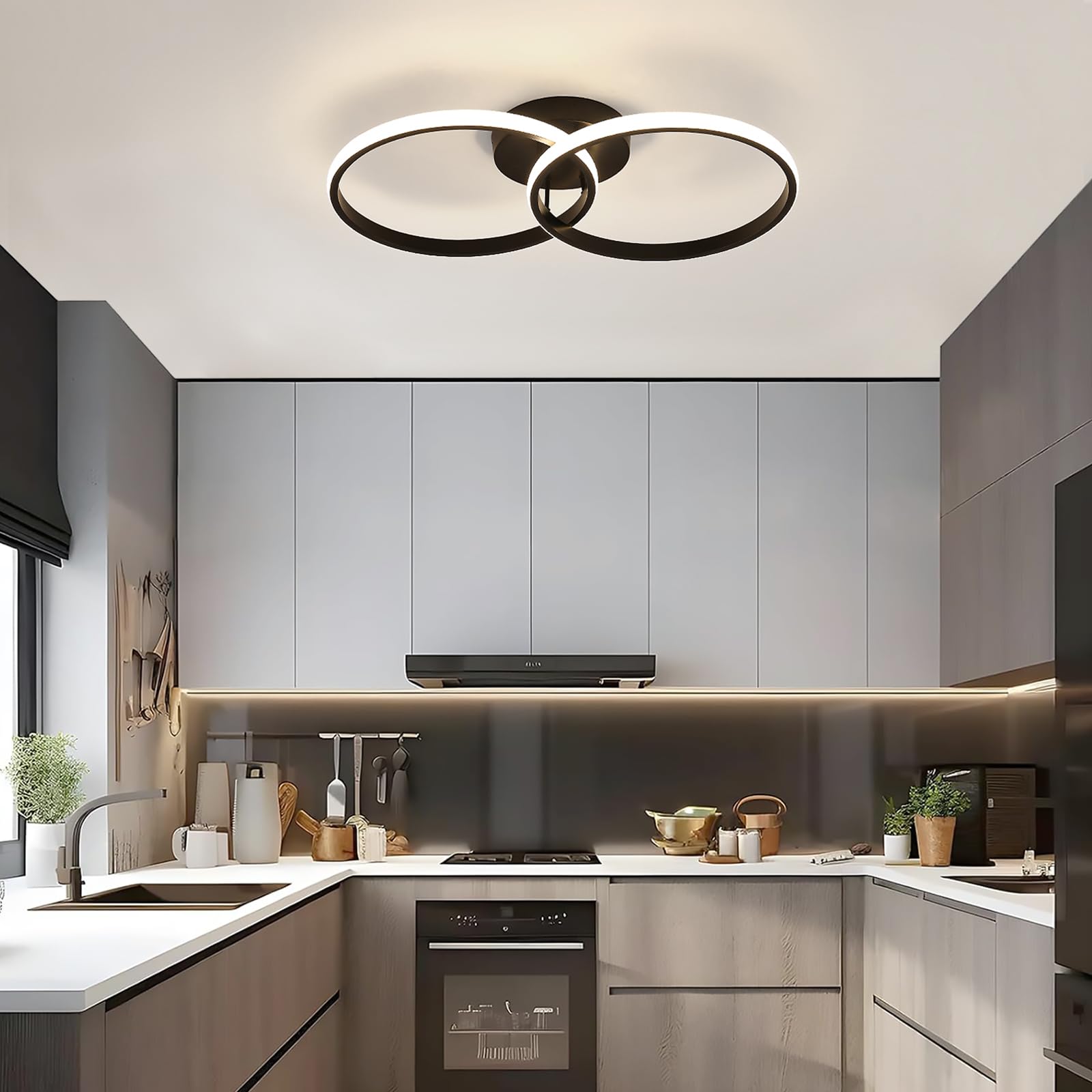 Toolight Plafoniera LED Soffitto, 42W 4725LM Lampadario LED Moderni Rotondo Acrilica, Plafoniera per Cucina Soggiorno Camera da Letto, Luce Bianco Naturale 4500K, Nero, 54CM