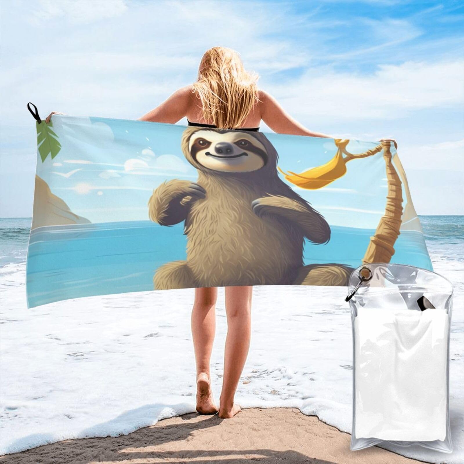 DWVTSLH Microfiber Sand Free Beach Towel 31.5"x63", Quick Dry Absorbent Travel Towel Large Camping Blanket, Sloth on Beach Bath Towels Lightweight Pool Swim Towels for Vacation Essentials