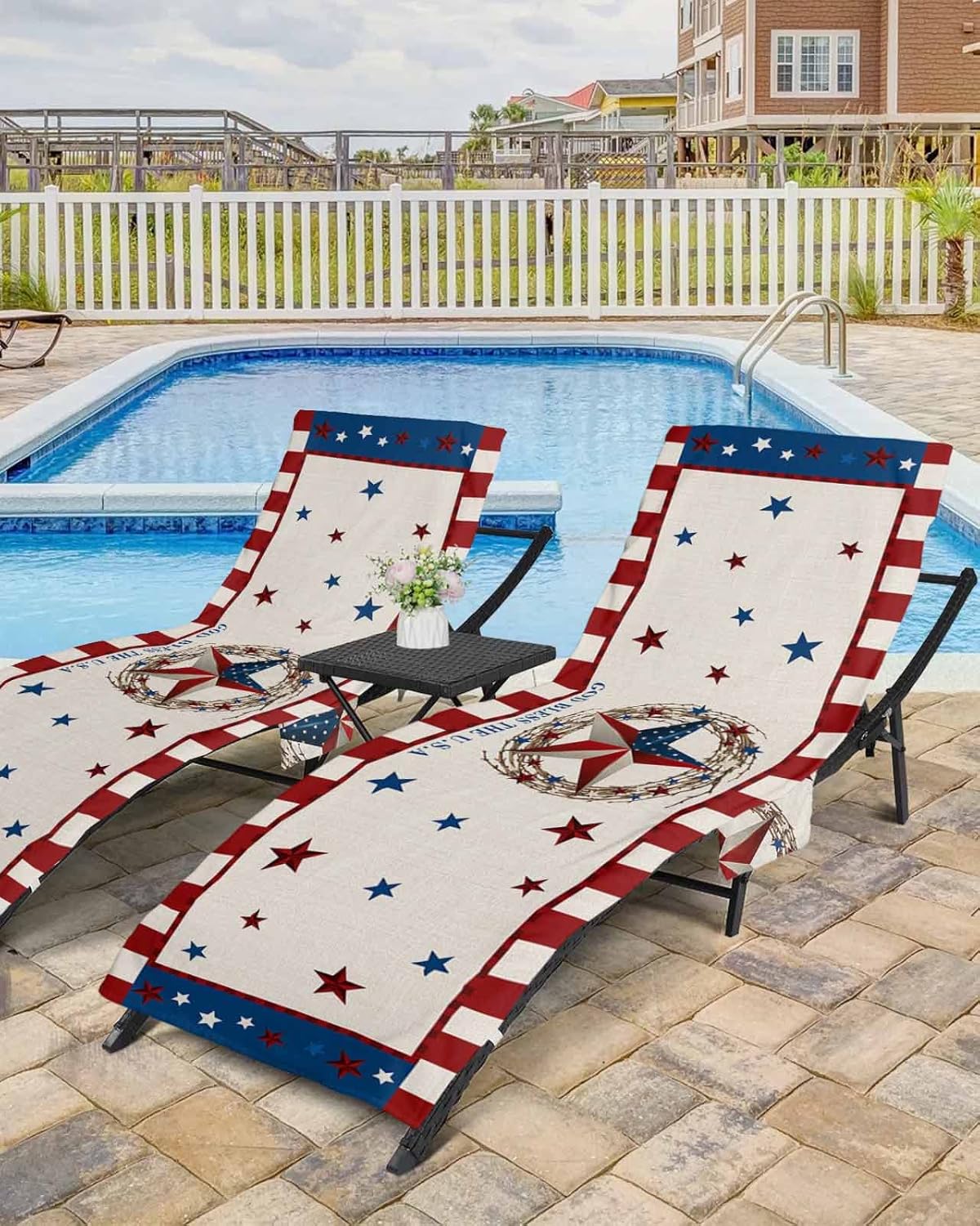 Country Rustic Barn Star Beach Pool Patio Lounge Chaise Chair Cover Towel With Pockets,Absorbent & Quick Dry Microfiber Towel Cover Bag Summer Accessories for Sunbathing Red Blue Independence Day