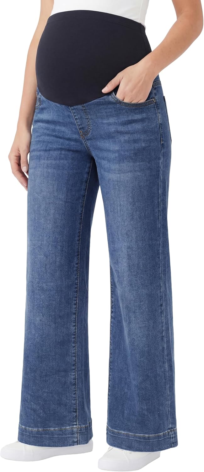 Women's Maternity Jeans Wide Leg Over the Belly Trendy Stretchy Straight Leg Pregnancy Denim Pants