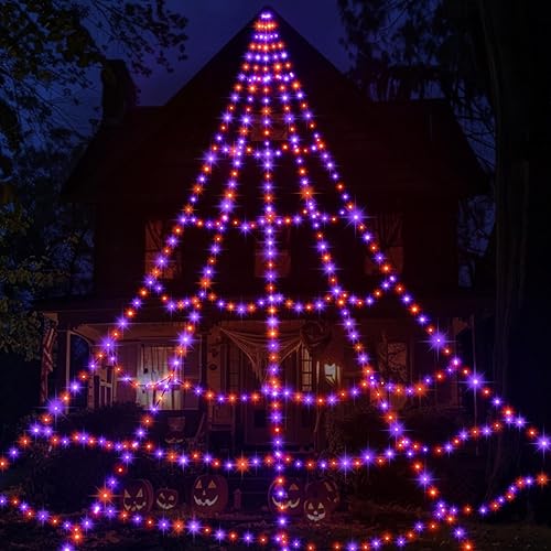 Luces LED de telaraña para decoraciones de Halloween al aire libre, 616 LED, 8 modos de iluminación, red gigante iluminada de 16.4 pies (morado y