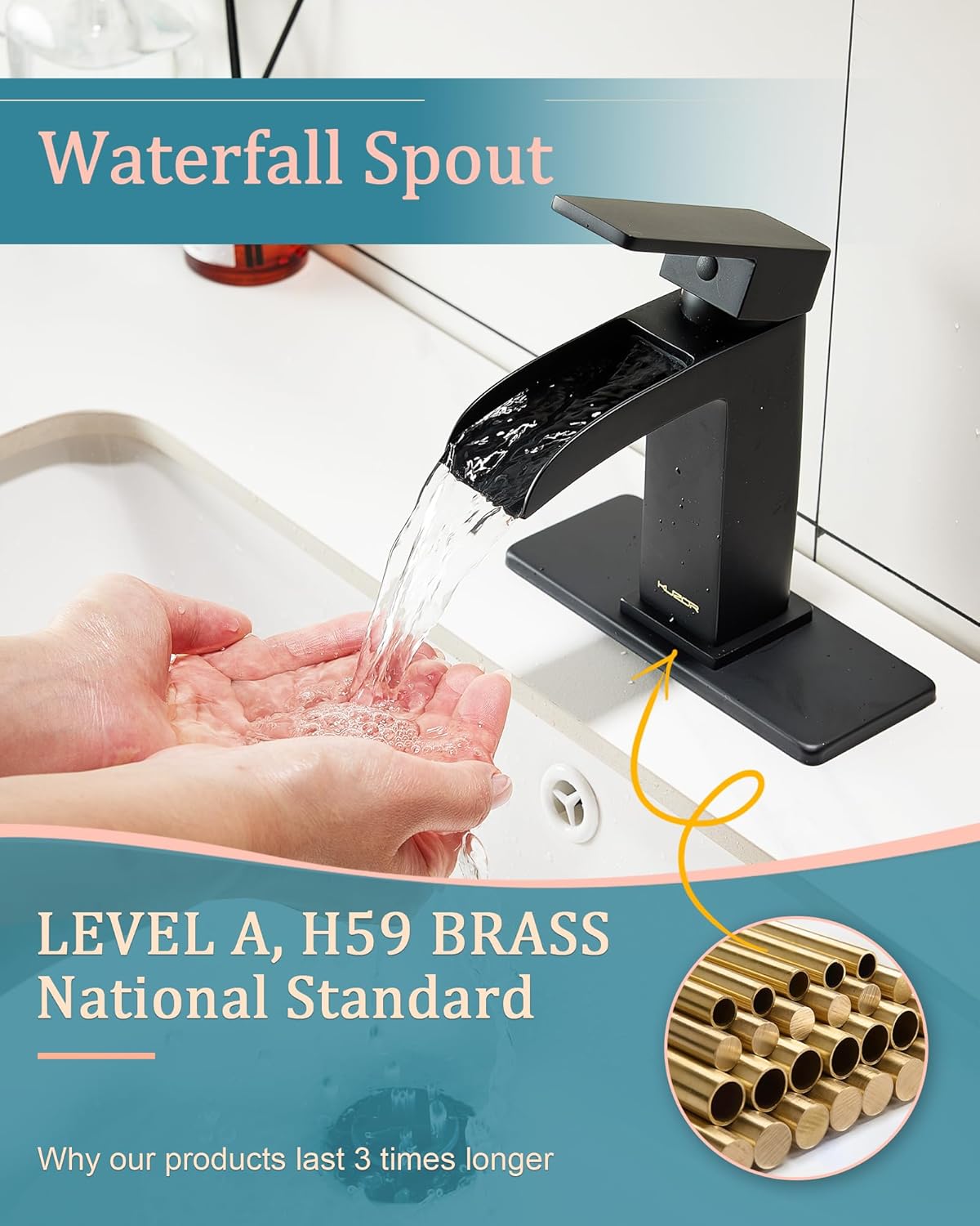 Close-up of the KUZOR waterfall spout with water flowing, highlighting the wide, gentle stream.