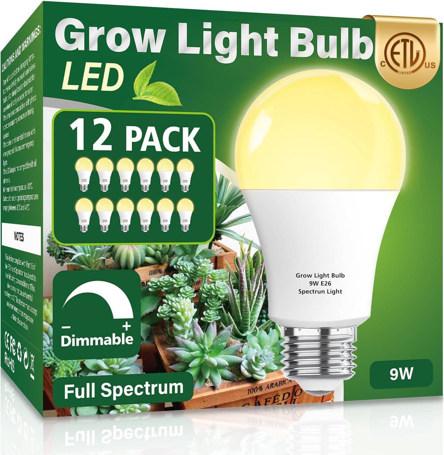 12 Pack Full Spectrum Grow Light Bulbs,A19 Grow Lights for Indoor Plants,Dimmable E26 9W Grow Bulb Replace up to 100W,Plant Lights for Indoor Growing,Flowers,Greenhouse,Indore