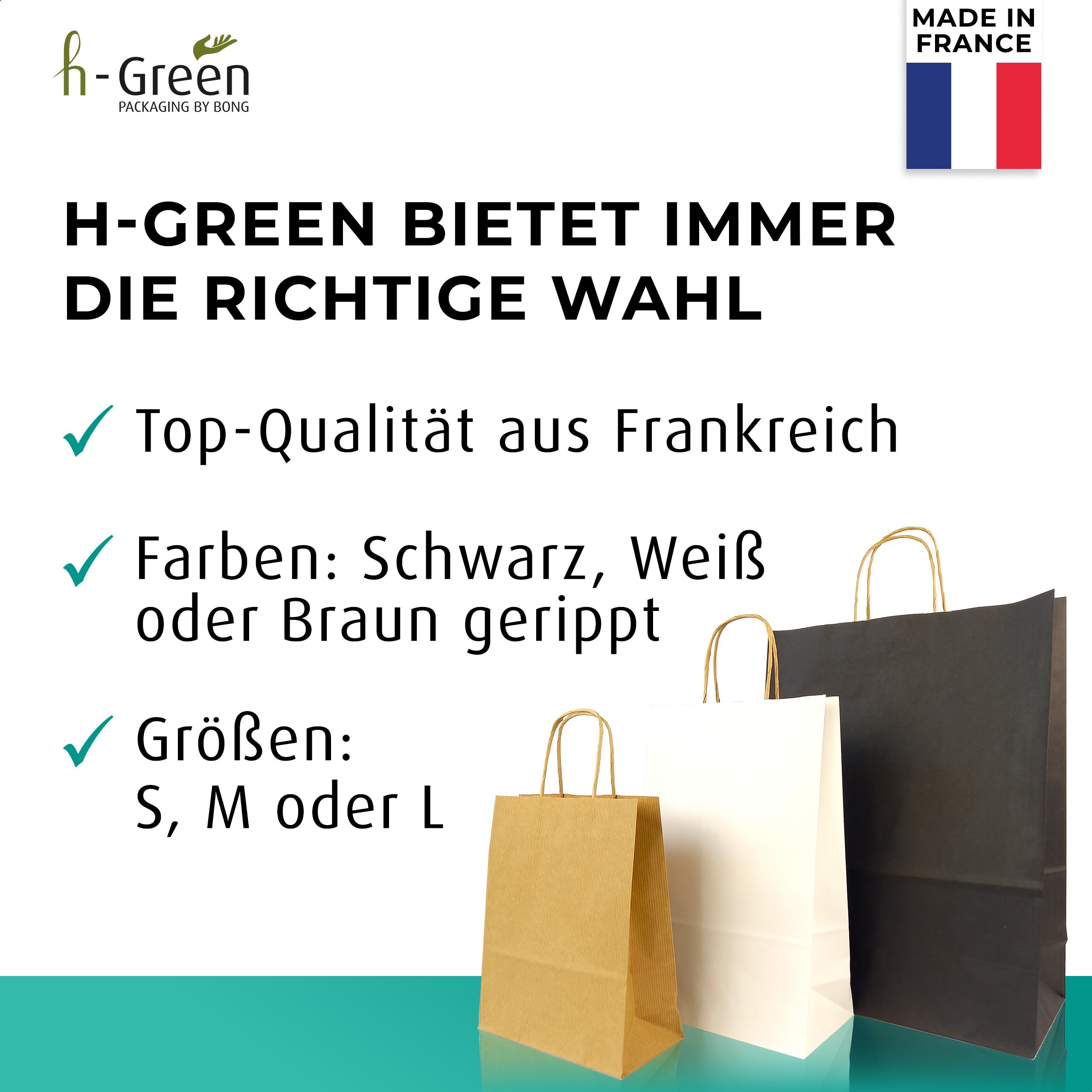 h-Green Papiertüten mit Henkel 320x420x150 mm (200 Stück), tragbare Papiertüten mit 7kg Tragfähigkeit, recycelbare Geschenktüten aus FSC® zertifiziertem Recycling-Kraftpapier, 100g/m², schwarz
