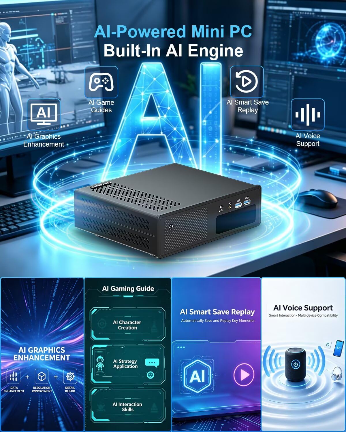 BASOARO AI Mini PC Core Ultra 7-165H (16C/22T, hasta 5,0GHz), Mini PC Gaming con RTX 5050 8GB GDDR6, 16GB RAM DDR5 512GB SSD, Dual 2,5G LAN, Soporte para 4 Pantallas (2HD+2DP), WiFi 7 y BT 5.4