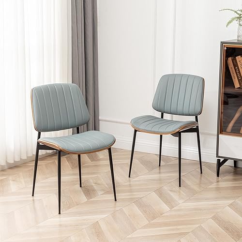Miniatura 8 de LUNLING Juego de 2 sillas de comedor, sillas de cuero sintético retro modernas de mediados de siglo con asiento tapizado de madera curvada de nogal,