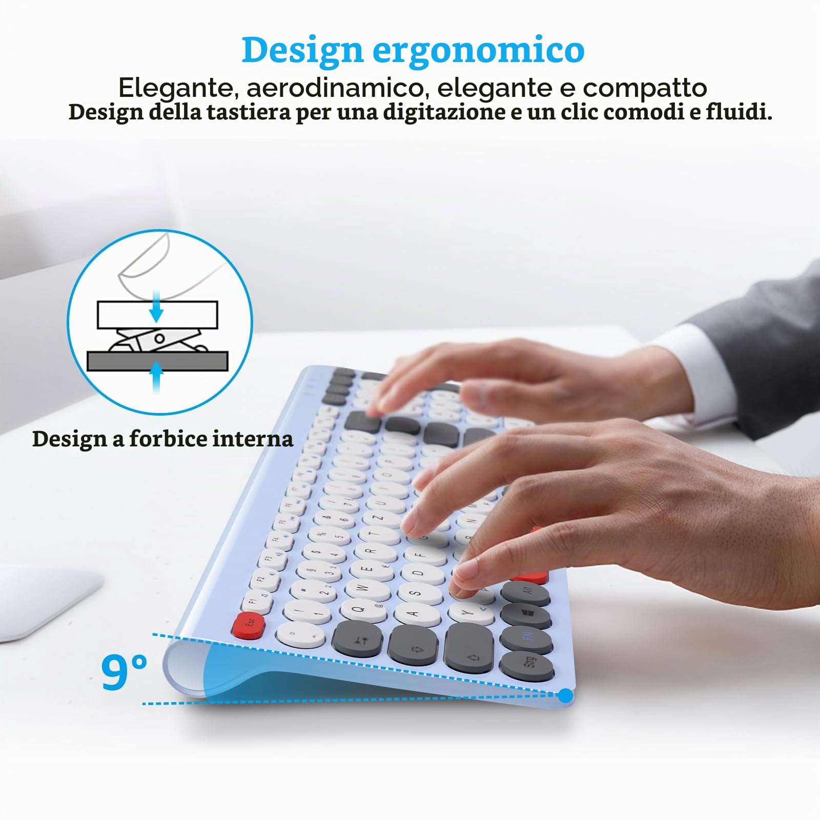 LeadsaiL, Set di mouse per tastiera senza fili, mouse e tastiera ergonomici, tastiera e mouse wireless per PC, layout tedesco QWERTZ, tasti silenziosi per tastiera e mouse, MacOS PC, laptop, colorato