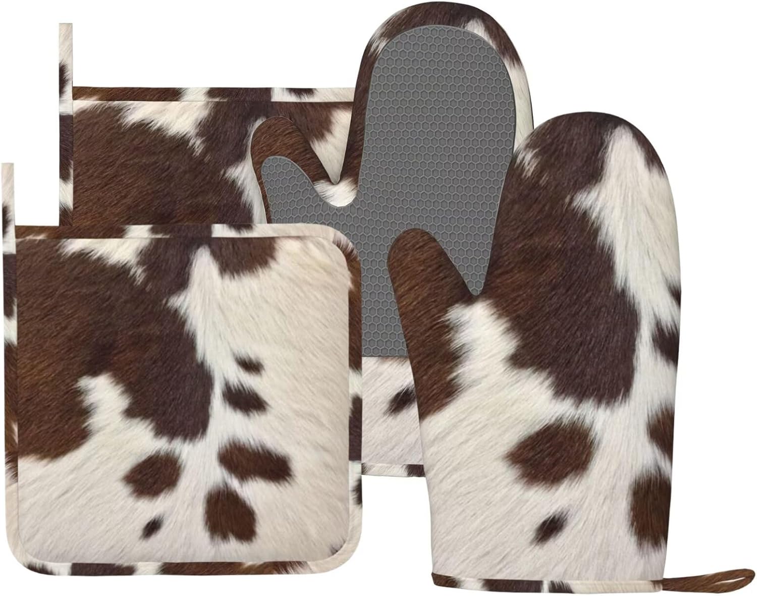 Cow Print Oven Mitts and Pot Holders Sets for Kitchen Silicone Brown Cowhide Western Farmhouse Oven Gloves Heat Resistant Cow Print Oven Mitts with 2 Non-Slip Pads Kitchen Gloves for Cooking