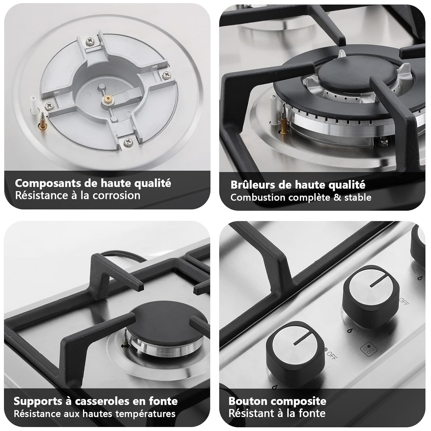 Detaillierte view of IsEasy gas hob components including high-quality burners, cast iron pan supports, and control knobs.
