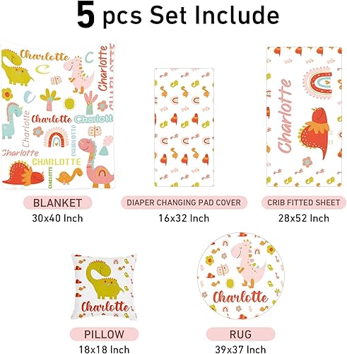 Miniatura 2 de Juego de ropa de cama personalizado para cuna de dinosaurio con nombre para niña, juegos de cuna de 5 piezas con nombre personalizado para niños