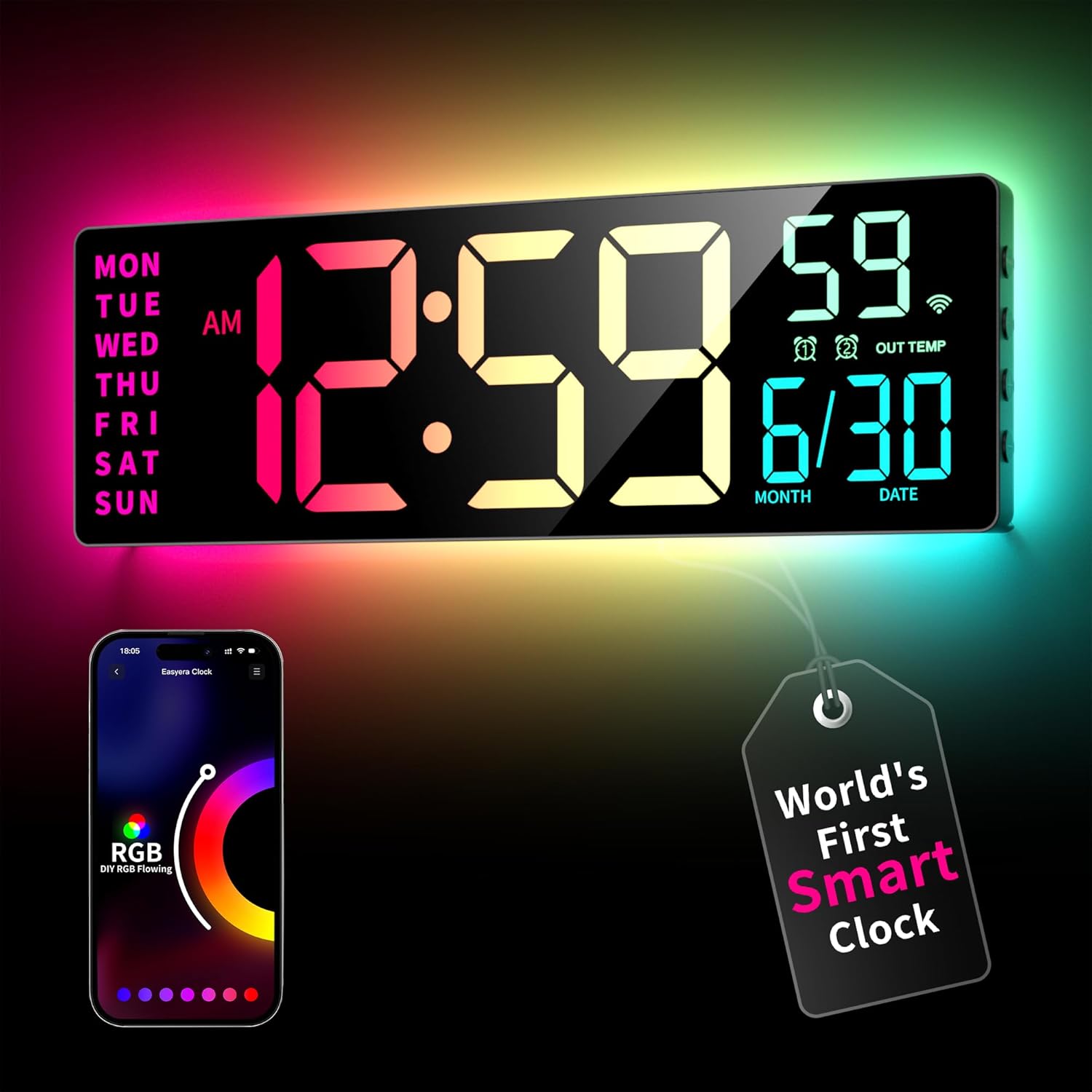 Smart Digital Wall Clock with App Control, 16.5” Large RGBIC Wall Clock with Multiple DIY Color and Music Sync, LED Display, Auto DST, Plug-in Clocks for Classroom Home Gym Gaming