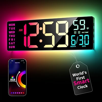 EASYERA Smart Digital Wall Clock with App Control, 16.5” Large RGBIC Wall Clock with Multiple DIY Color and Music Sync, LED Display, Auto DST, Plug-in Clocks for Classroom Home Gym Gaming