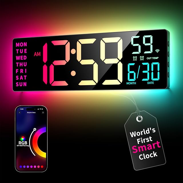 Smart Digital Wall Clock with App Control 16 5 Large RGBIC Wall Clock with Multiple DIY Color and