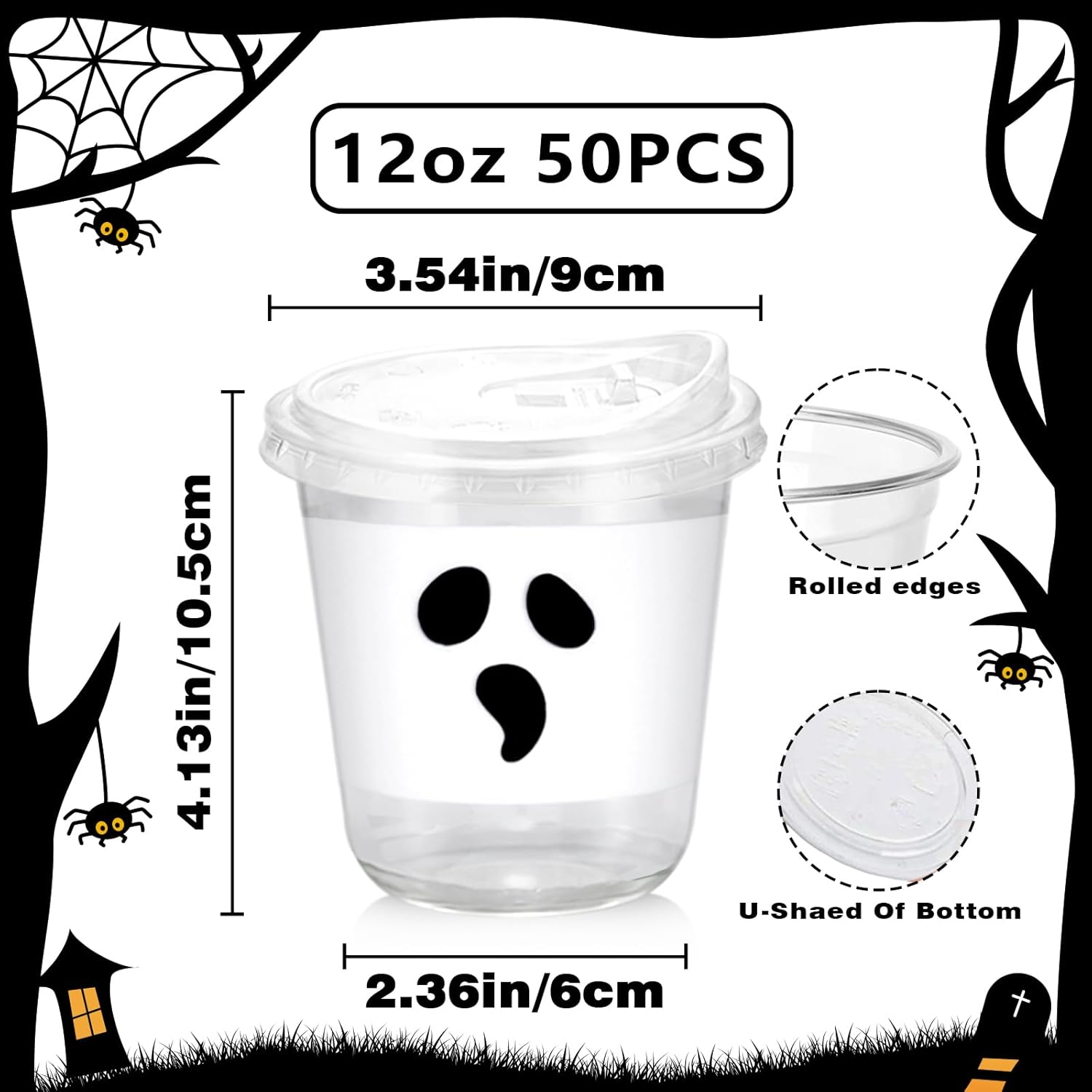 12oz White Black Ghost Halloween Disposable Plastic Cups With Strawless Sip Lids Happy Halloween clear Cups for Party Supplies Coffee, Beer, Drinks, Ice Cream, Snack and More (50) - Image 3