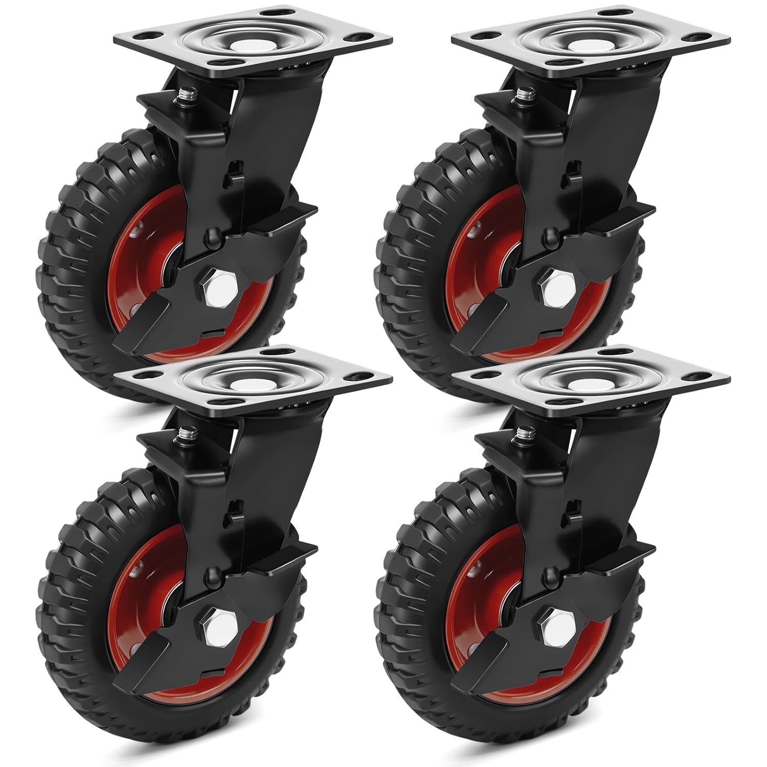 6 Inch Outdoor Heavy Duty Casters Wheels Set of 4, Sturdy Large Rubber Casters with Brake 1800 LBS, Industrial Grade Plate Swivel Castors with Knobby Tread for Dollies, Cart, Machine