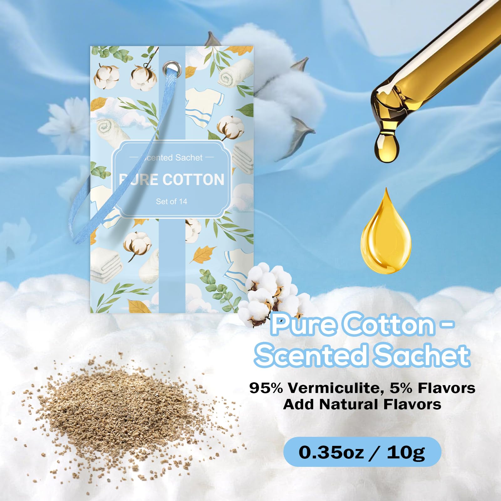SCENTORINI Sachets Parfumés Coton Frais pour Tiroirs, Armoires, et Garde-Robes, 10g x 14 Sachet pour Armoires, Tiroirs à Chaussures
