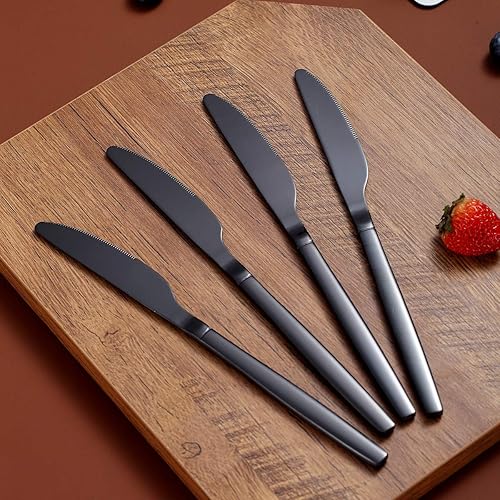 Miniatura 2 de Berglander Juego de 4 cuchillos de cena negros, cuchillos de cena de acero inoxidable chapado en negro brillante de titanio, cuchillos de mesa,