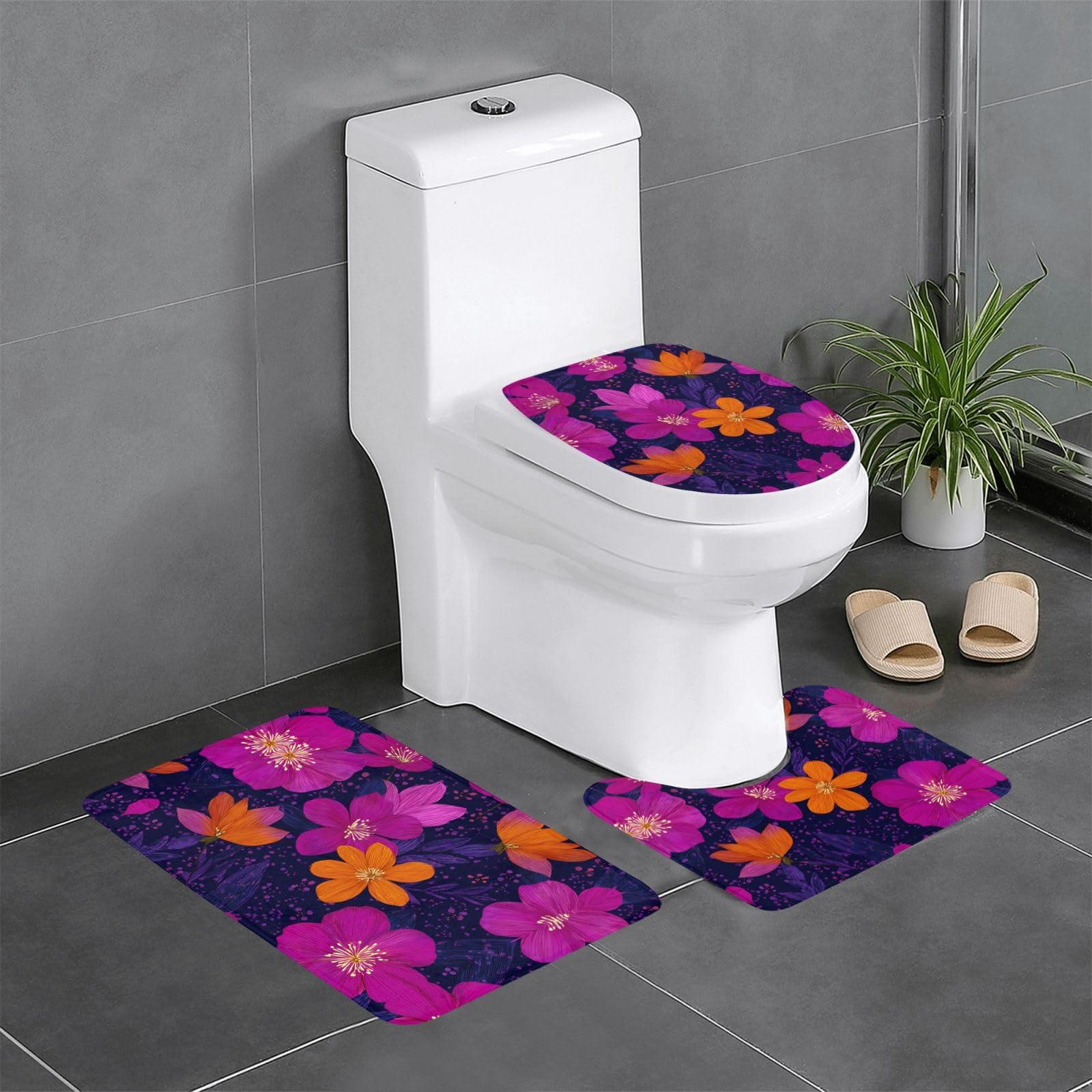 Tapis de salle de bain antidérapants 3 pièces : ensemble sécurisé floral rectangulaire et ovale