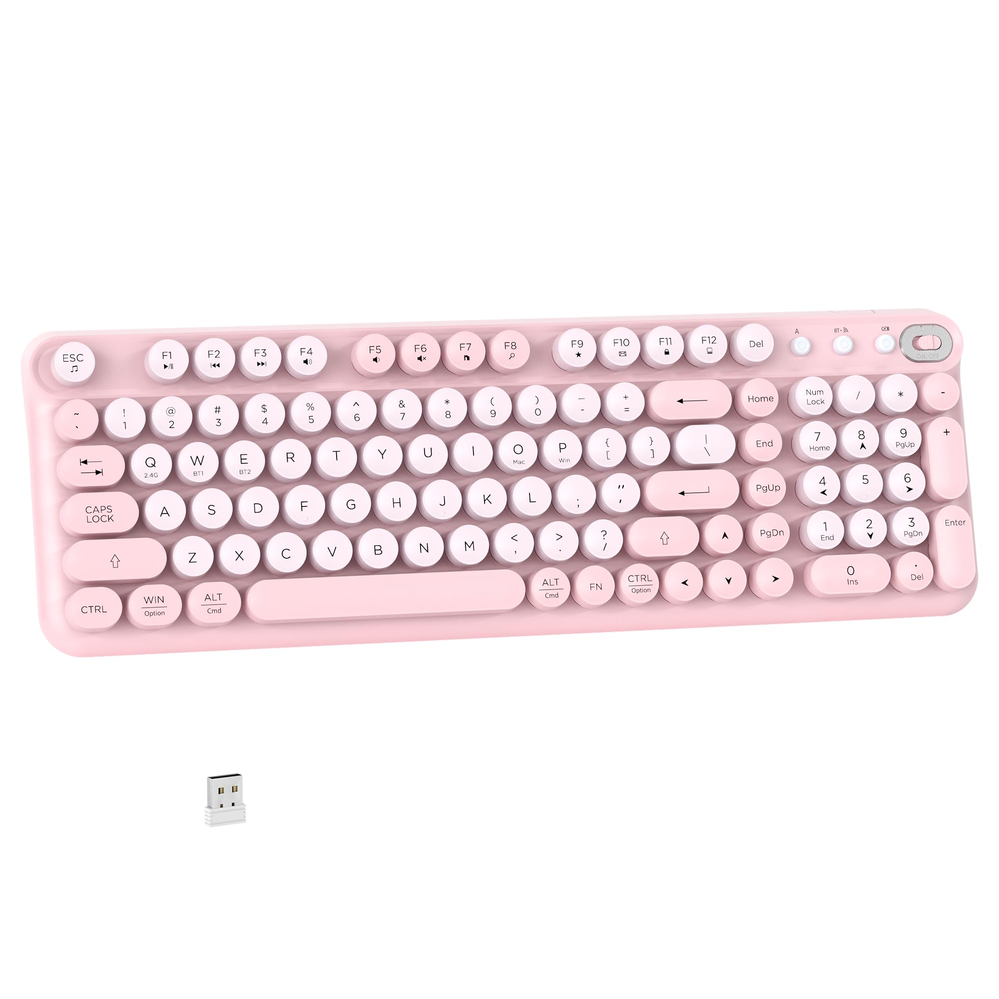 Links9+ Teclado Bluetooth inalámbrico, receptor de 2.4 GHz (rosa) | Batería de larga duración, 2.4G y teclado Bluetooth de modo dual compatible con Windows, macOS, iPad, PC, portátil, tableta