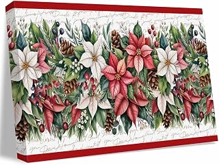 Red White Flowers Canvas Wall Art Prints Paintings Holly Leaves Pine Cone Red Stripes Letter Framed Canvas Wall Decor Modern Artwork for Living Room Bedroom, Ready to Hang, 24W x 48L