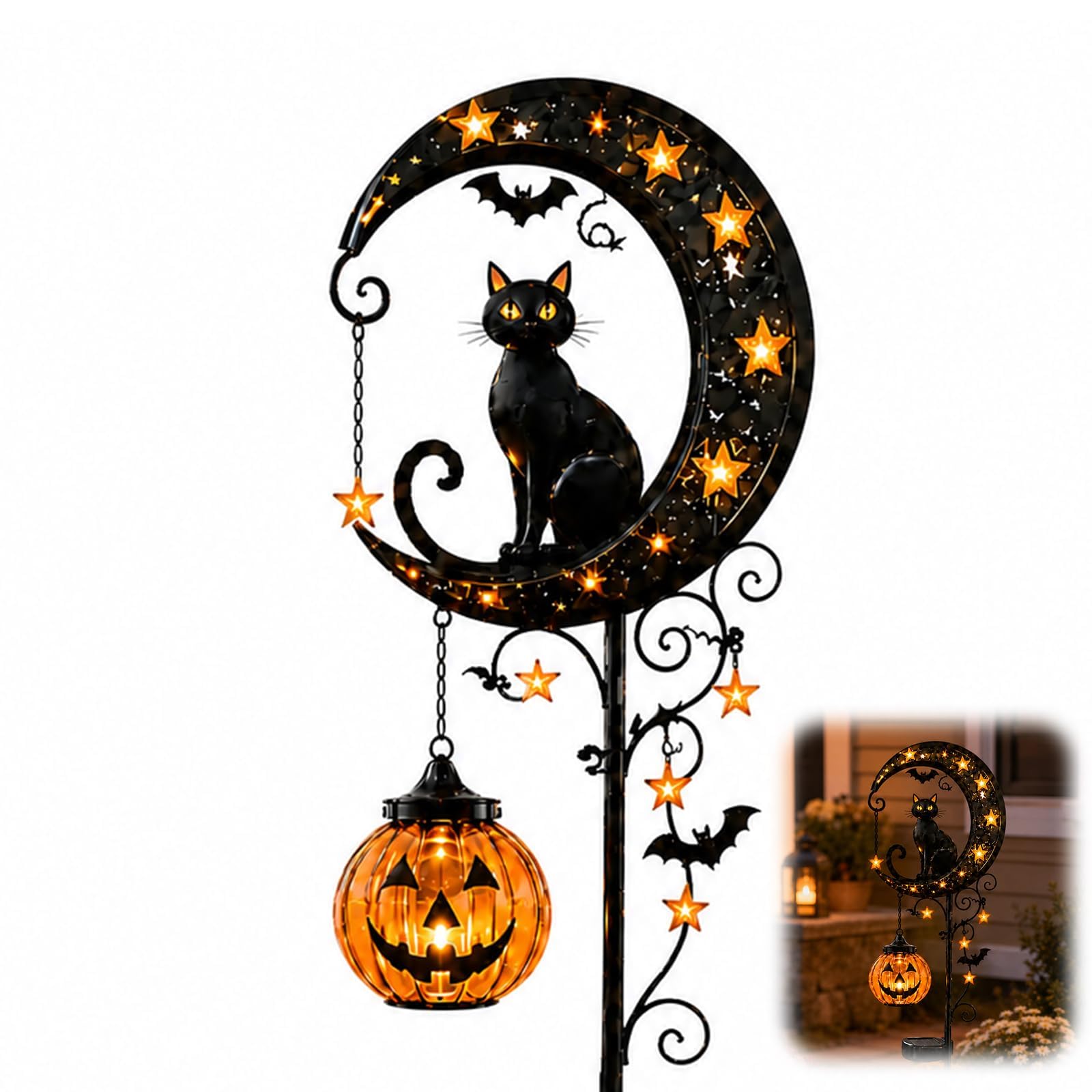 Pumpkin Moon Garden Stake Light, Solar Halloween Garden Stakes Decoration, Outdoor Waterproof Metal Pumpkin Stake with Black Cat, Halloween Solar Lights for Outside Yard Patio Lawn Outdoor Decor