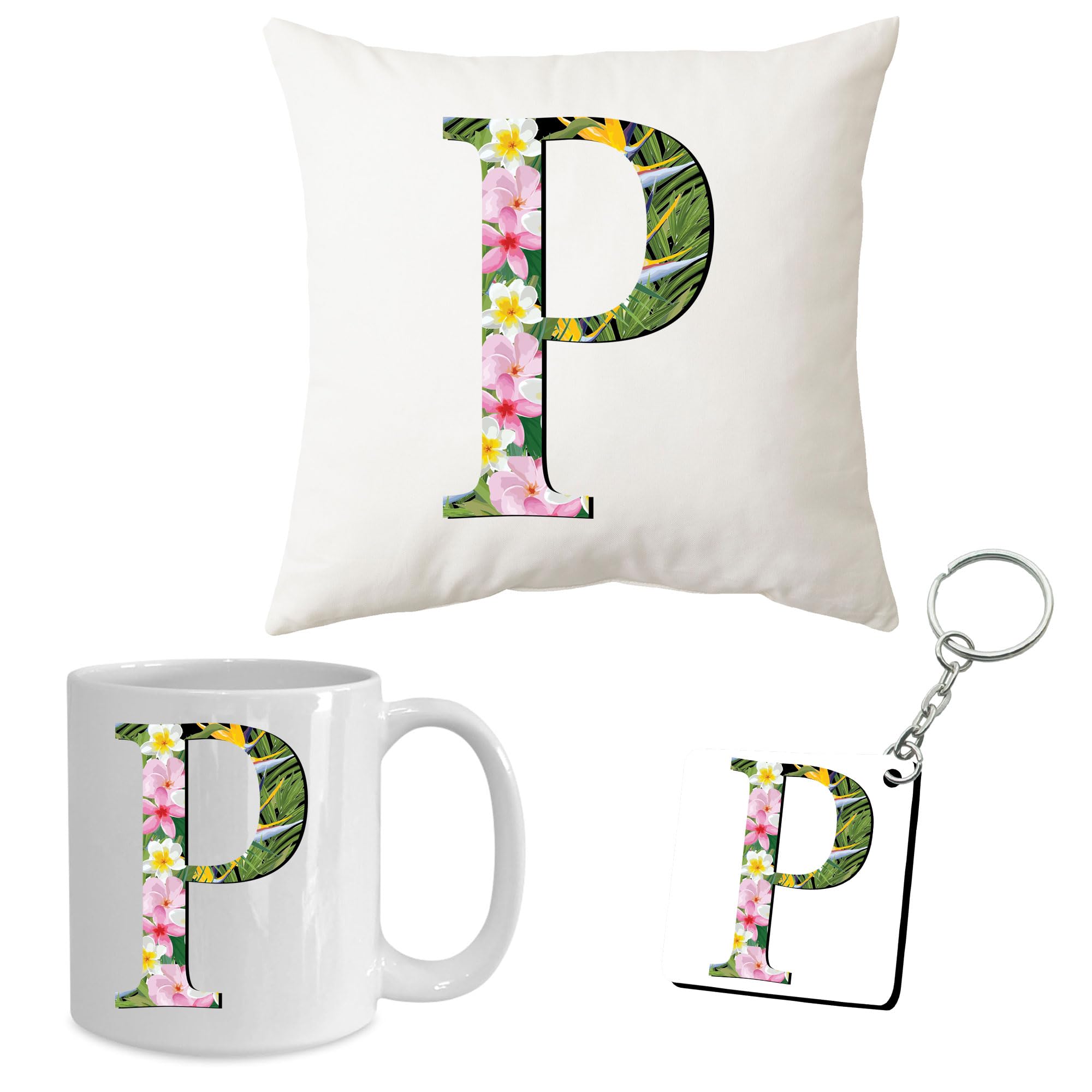 DJS GROUP Tropical Floral Letter A Gift Set, Decorative Cushion Cover, Coffee Mug and Keychain, White (White, Alphabet-P)-image-18