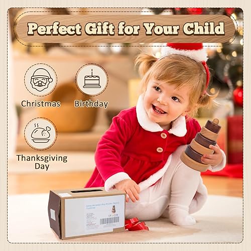 Miniatura 6 de Adena Montessori Juguete apilable de madera con anillo, juguete educativo Montessori geométrico apilador de madera, para bebés y niños pequeños a