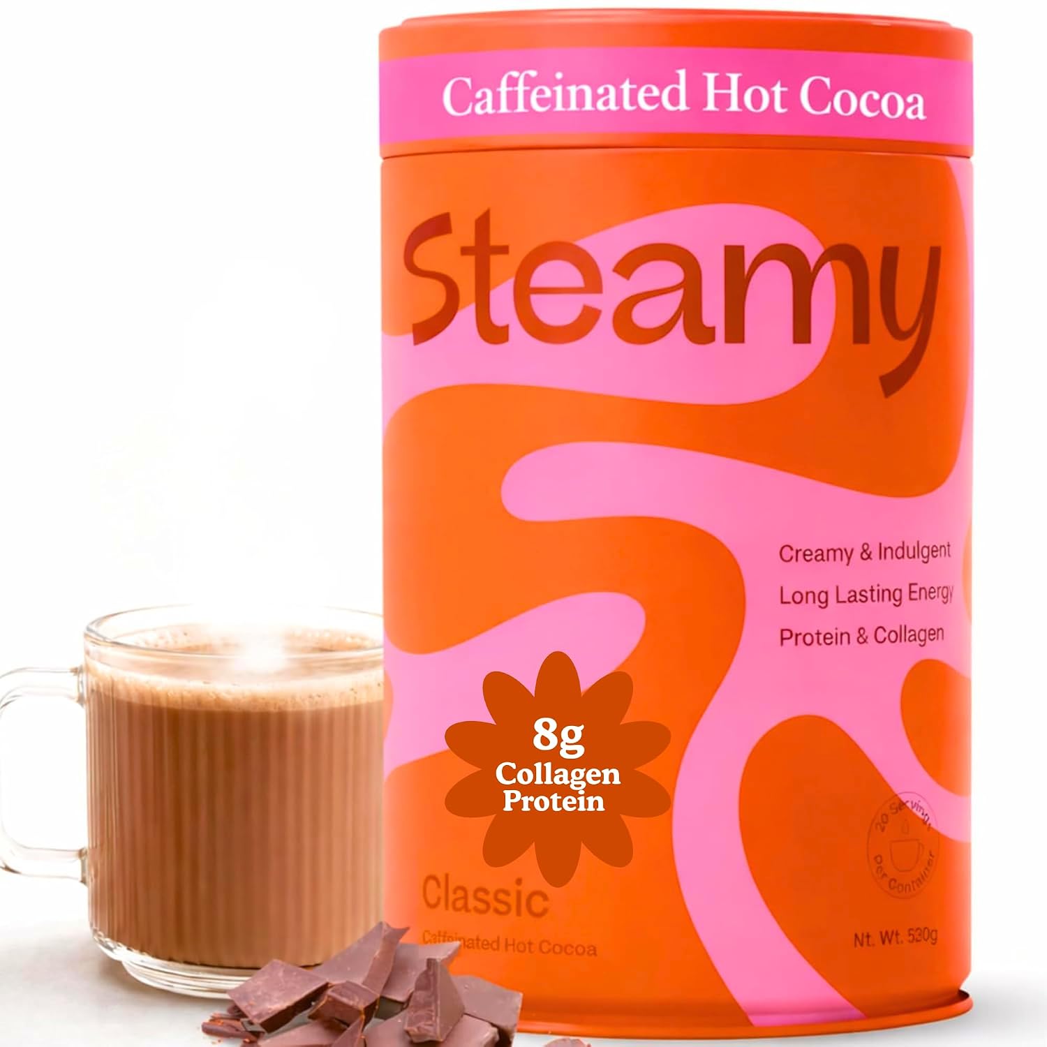 Steamy- Caffeinated Hot Chocolate Cocoa Energy + 8g of Collagen Protein, Coffee Alternative | 100mg of Natural Caffeine | L-Theanine & MCT Powder