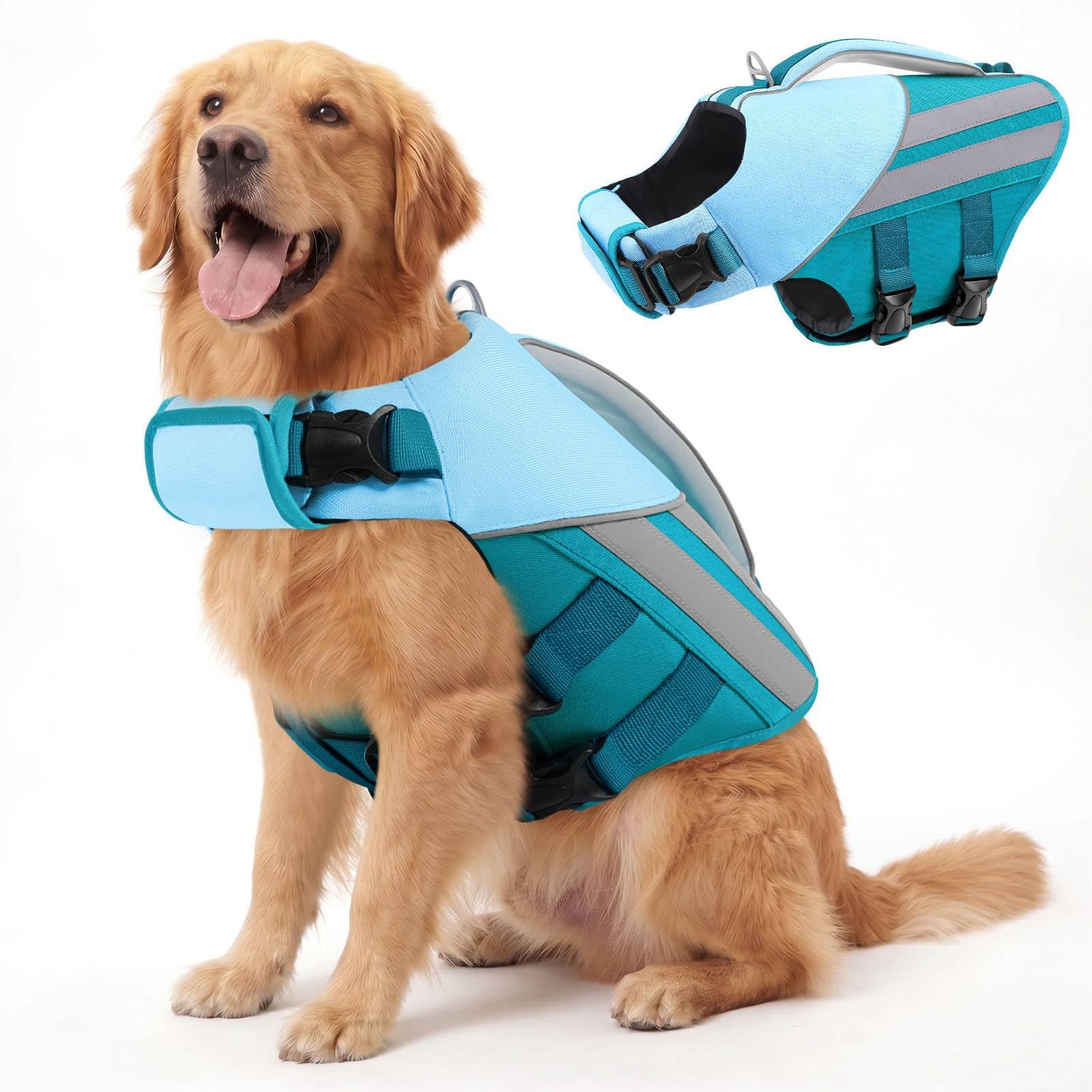 Queenmore Dog Life Jackets large ripstop Dog Float Jacket Lightweight &Reflective Life Vest With Rescue Handle For large breeds,Pitbull,Bulldog,Labrador (Teal, 2XL)