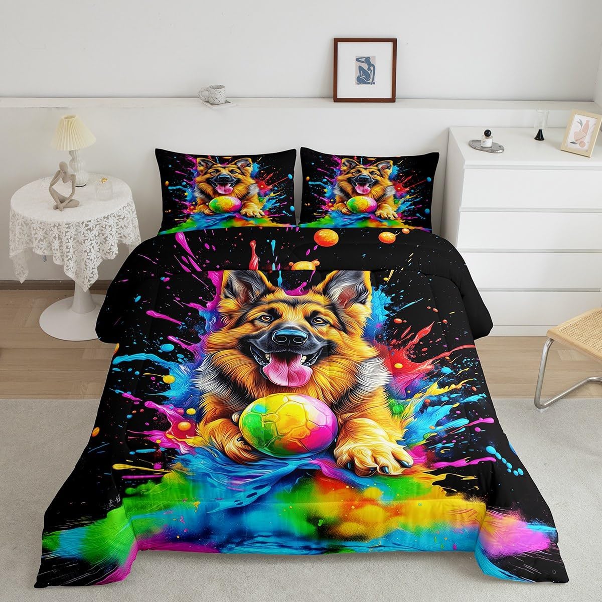 Cute Dog Bedding Sets Twin Size,German Shepherds Animal Comforter Set for Kids Boys Girls Teen Adult Room Decor,Cartoon Football Watercolor Down Comforter Color Dots Pet Quilt Set,1 Pillowcase