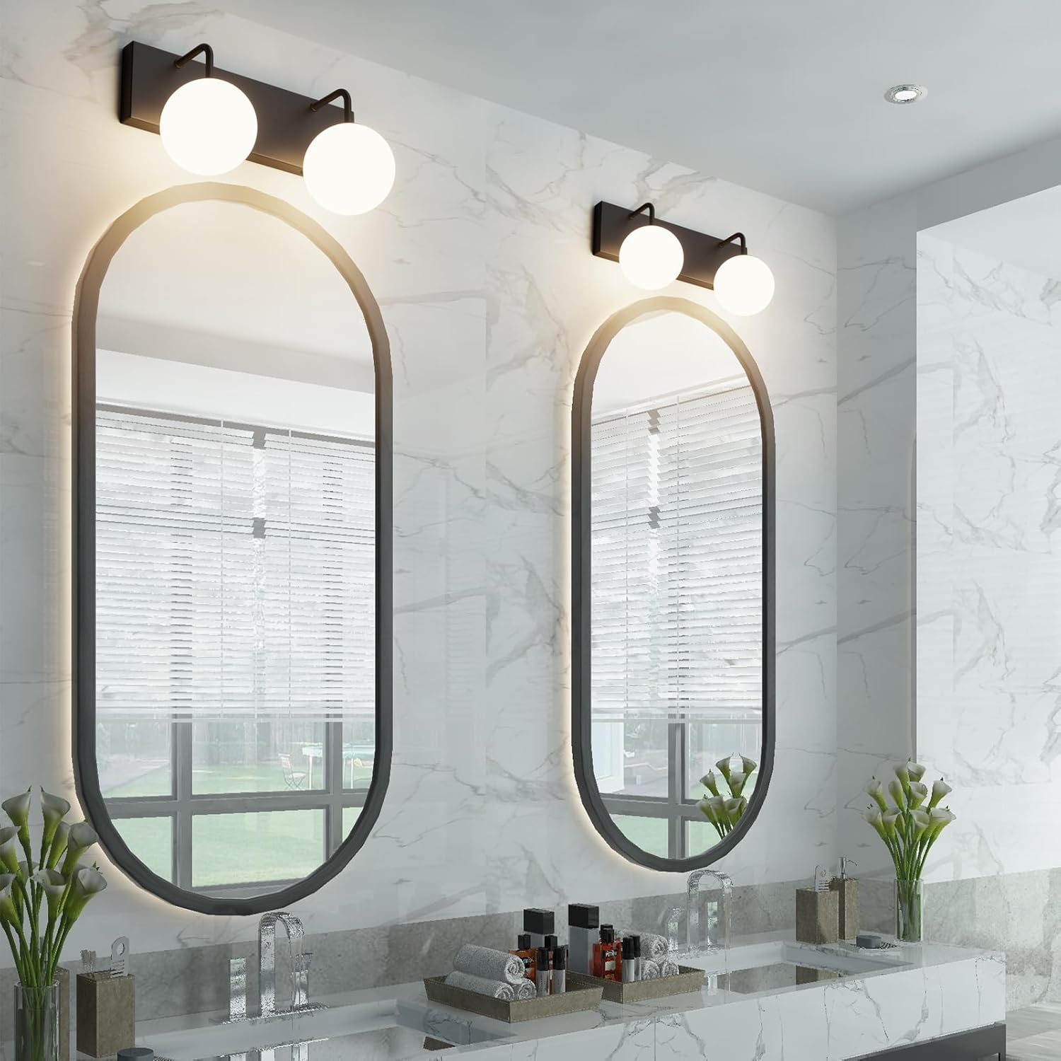 Tipace Black Vanity Light Fixtures, 2-Light Modern Bathroom Light Over Mirror with White Milk White Globe Glass for Bathroom (Exclude Bulb)