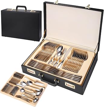 72/84-Piece Cutlery Set, Stainless Steel Tableware Flatware Set with Gift Box, Mirror Polished Cutlery Spoons Set with Leather Suitcase, Gold/Silver Knife Fork Spoon Set, Dishwasher SafeSilver,72PC