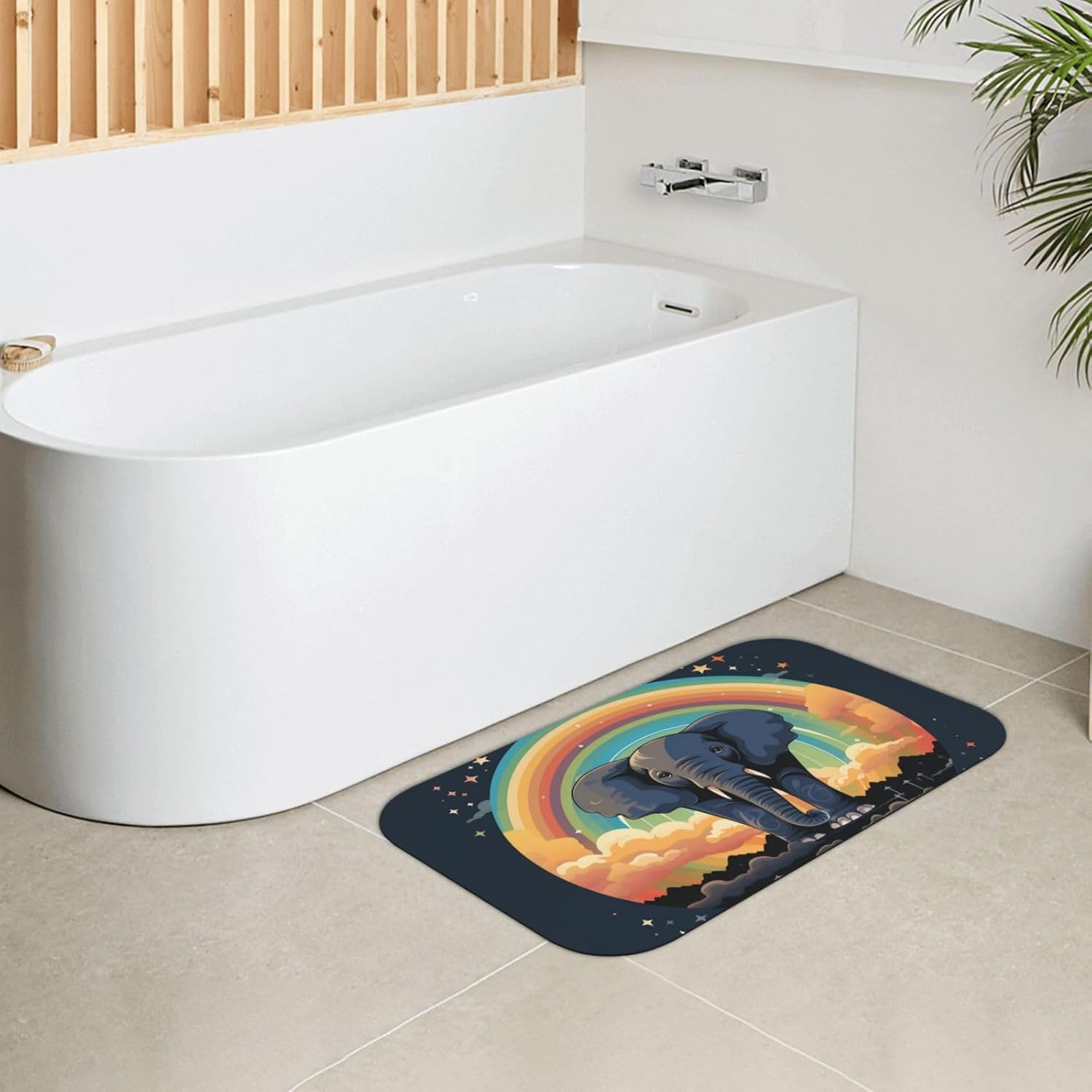Stone Bath Mats Cute Elephant Rainbow Diatomaceous Earth Bath Mat Super Absorbent Bathroom Floor Mat Quick Drying Diatomite Shower Mat for Shower Bathtub Bathroom Accessory 19.7x31.5in