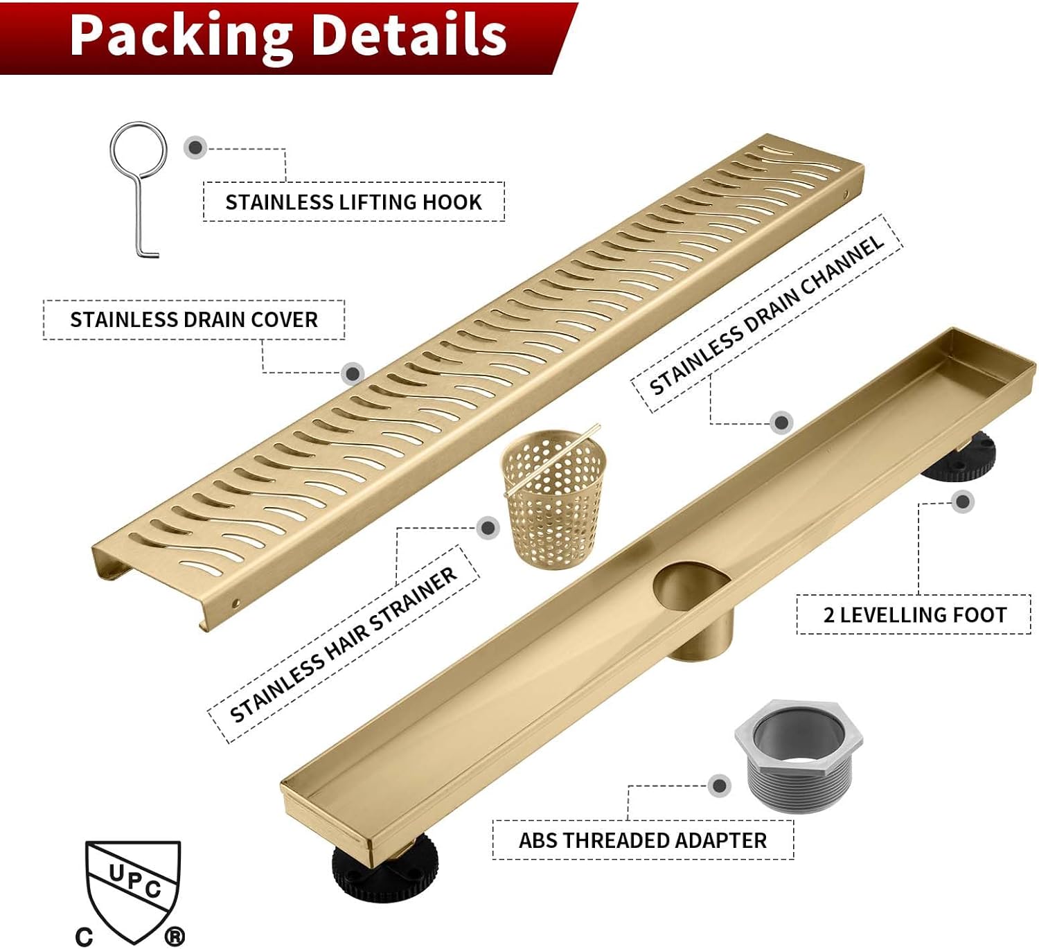 Sharp-tec Linear Shower Drain, 28inch Shower Drain with Removable Pattern Cover, Brushed Gold 304 Stainless Steel Rectangle Floor Drain, Adjustable Feet and Hair Strainer Included