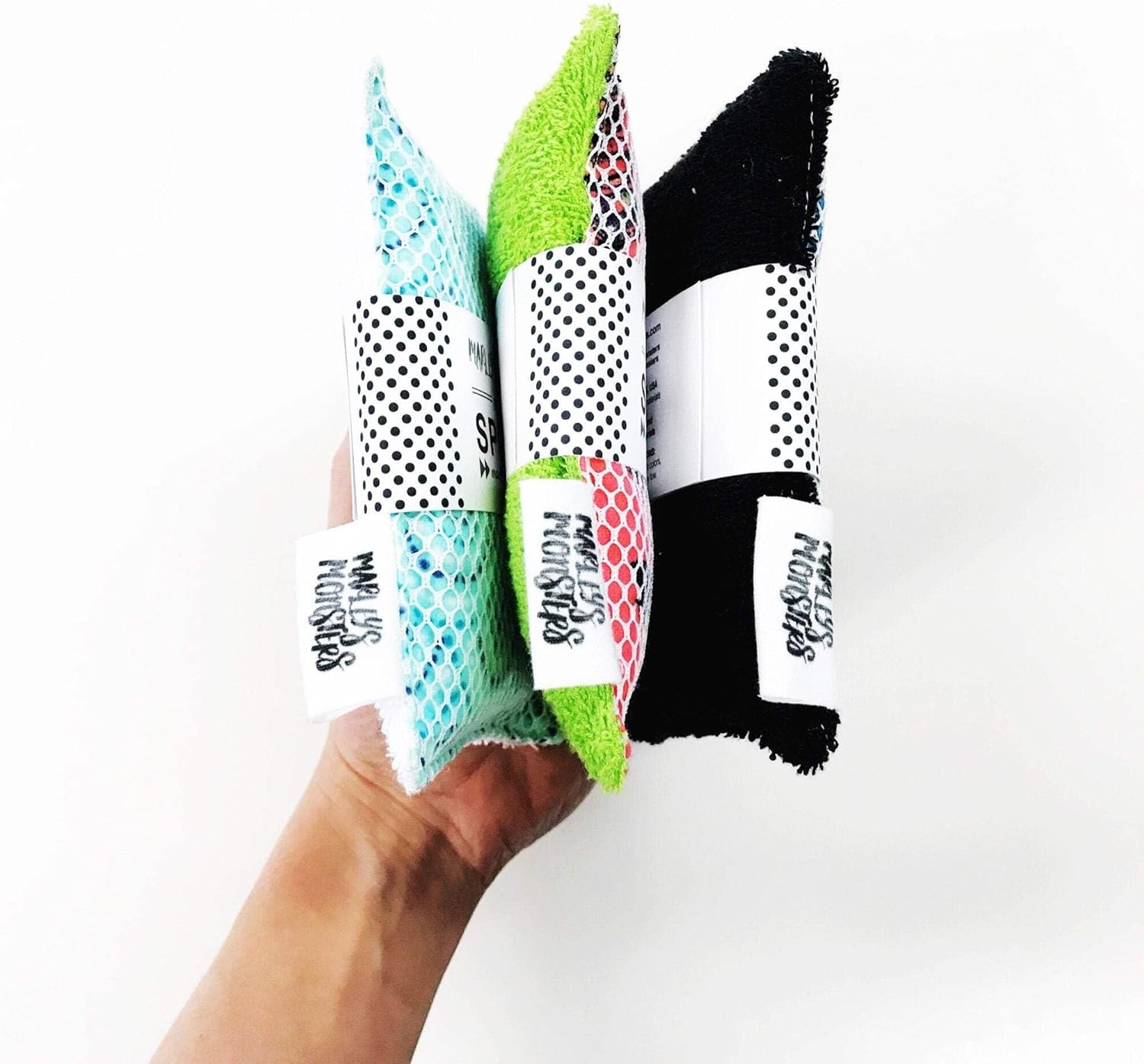 Marley's Monsters Washable Sponge – Reusable Eco-Friendly Scrubber – Dual-Sided for Gentle Cleaning or Heavy Duty Scrubbing – 4" x 5.5" Handmade in USA(Surprise Prints/Black Back)