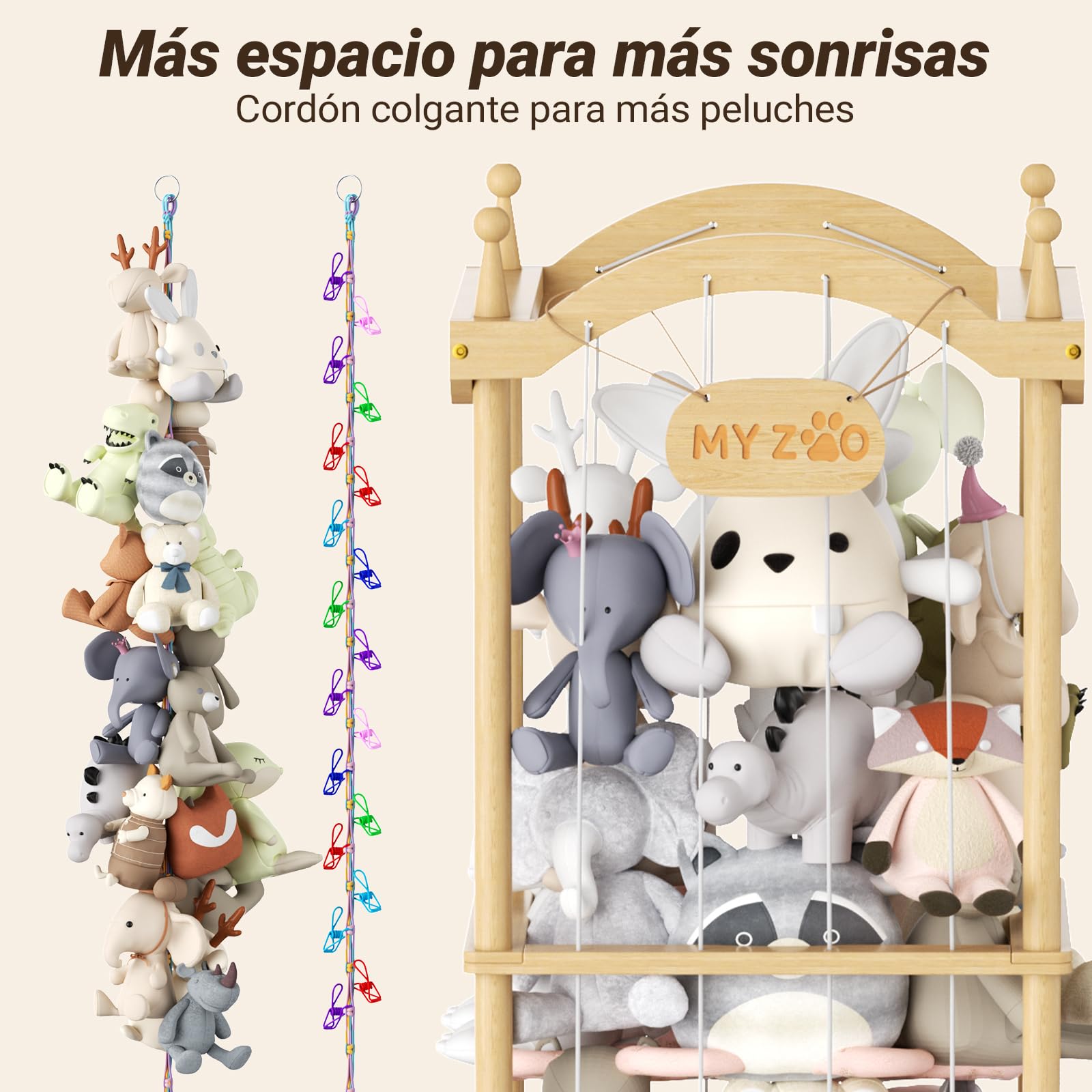 COSYLAND Organizador Peluches - Almacenaje Juguetes para Niños, Ahorrar Espacio Guarda Juguetes Infantil, Gran Capacidad Baúl para Sala de Juegos, Natural (Castillo sin Cuerda Colgante)