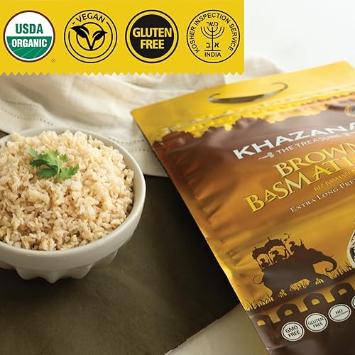 Miniatura 5 de Khazana Arroz Basmati marrón de alta calidad bolsa de 10 libras sin OMG sin gluten Kosher y sin colesterol aromático envejecido sabroso grano