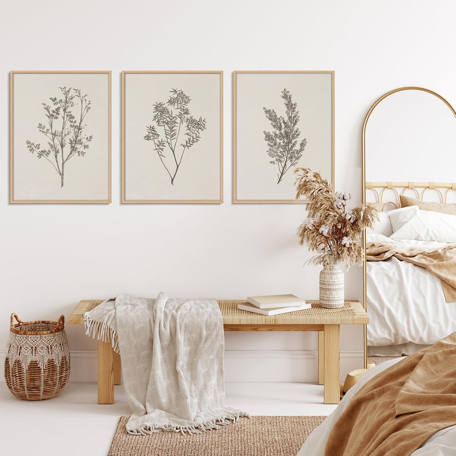 framed vintage floral wall art – set of 3 large beige botanical prints modern farmhouse picture poster minimalist wall decor paintingr for living room dining bedroom 16x24 inches white plants 16x24 inches