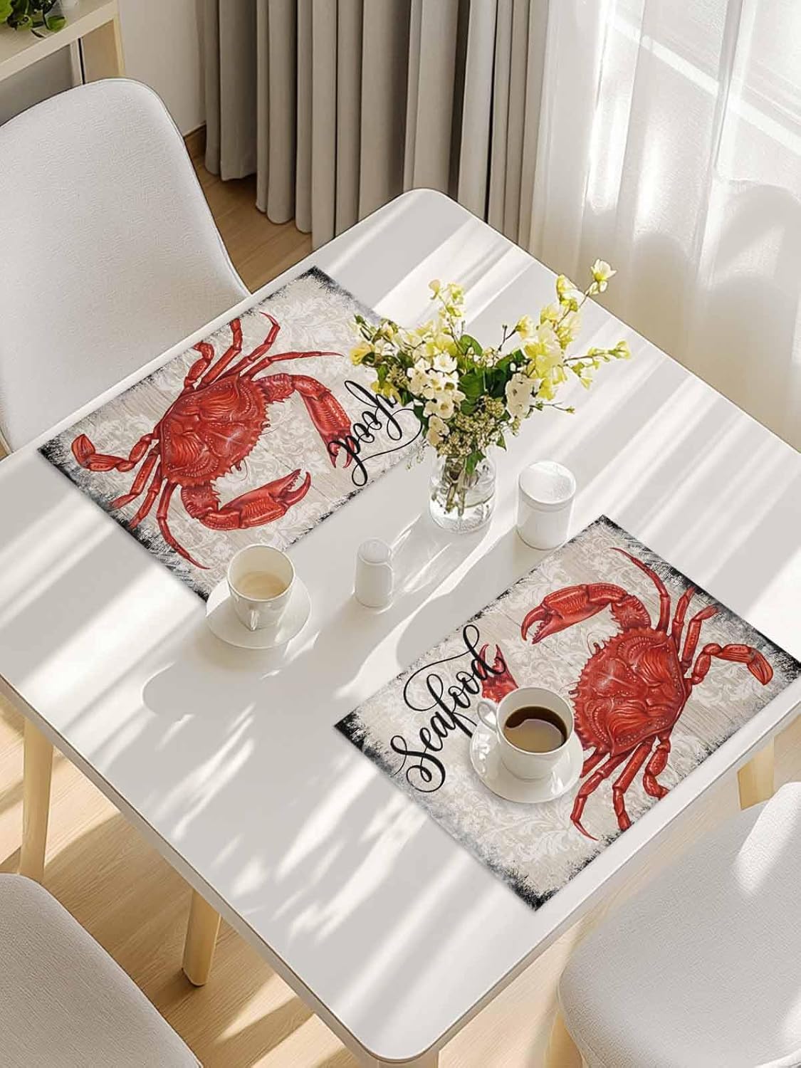 Placemats Set of 4 Non-Slip Heat Insulation Place Mat Red Crab Art Washable Table Mats Vintage Farmhouse Wood Grain Wipeable Placemat for Kitchen Dinning Indoor Outdoor Party