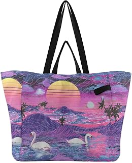 tplaotee Canvas Tote Lightweight Kitchen Grocery Bags Everything Bag for Women Travel Beach Wedding Laundry Crane Sunset Tropical Vapor Wave Style