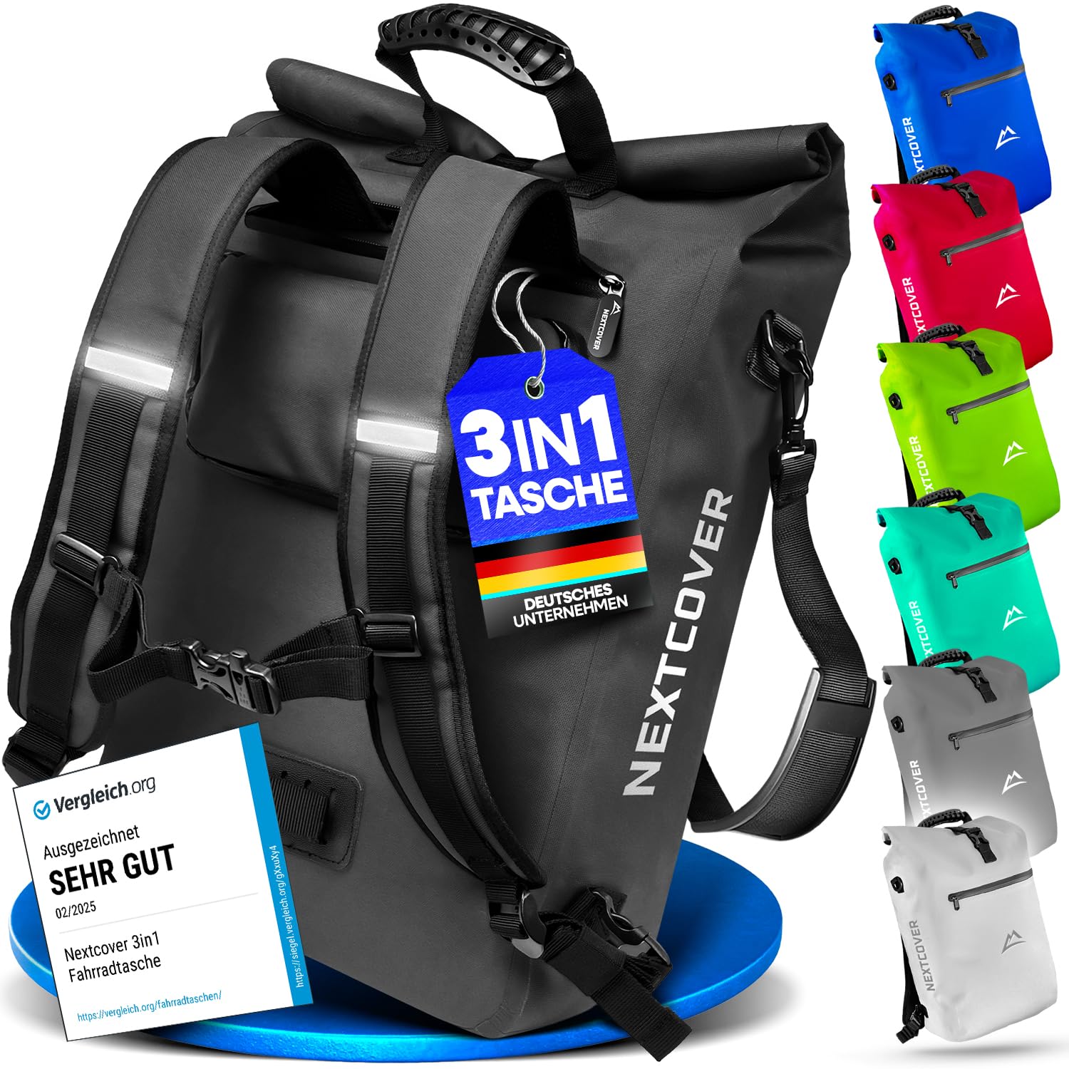 Nextcover® NEU 3in1 Fahrradtasche für Gepäckträger [PVC frei] - Gepäckträgertasche, Fahrradtasche Rucksack und Umhängetasche 25L I Fahrrad Tasche wasserdicht, Fahrradtaschen Gepäckträger