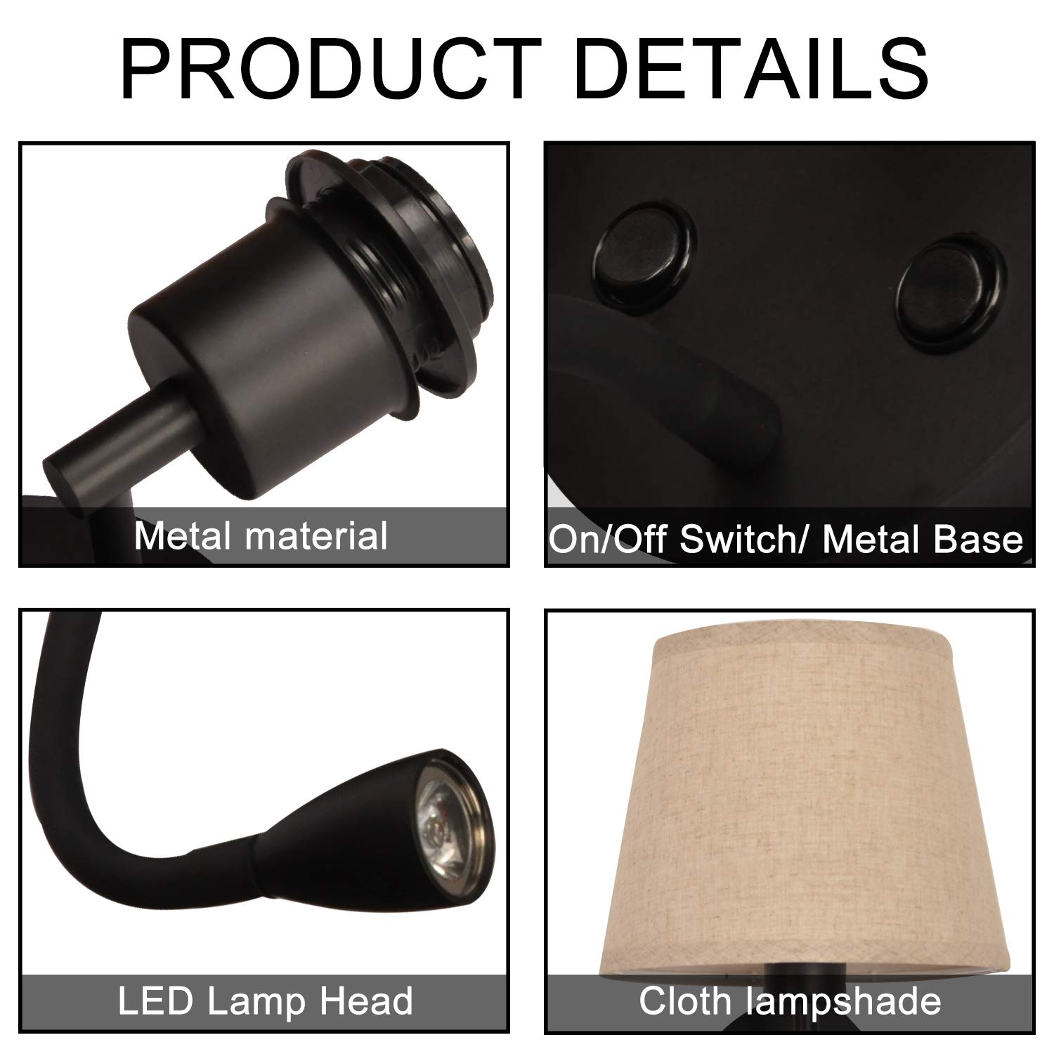 BarcelonaLED Applique murale LED E27 avec spot de lecture orientable 3 W Écran textile Interrupteur pour chambre, tête de lit, salon