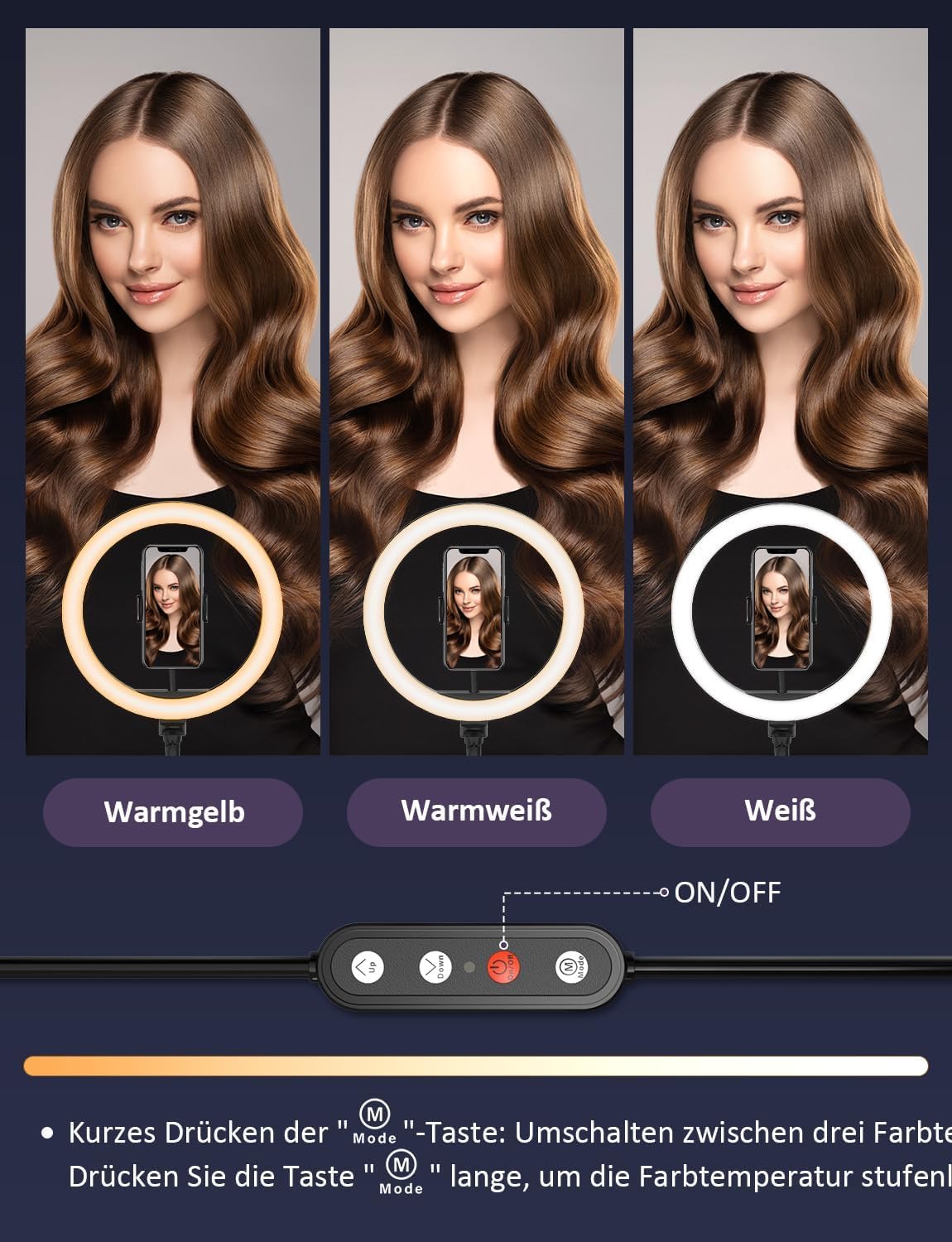 YOHOOLYO Ringlicht mit Stativ 12 Zoll Selfie Licht mit 163cm Aluminium-Dreibein 3 Lichtfarben und 10 Helligkeitsstufen fur Tiktok Selfie/YouTube Video/Make-up/Fotografie/Vlog