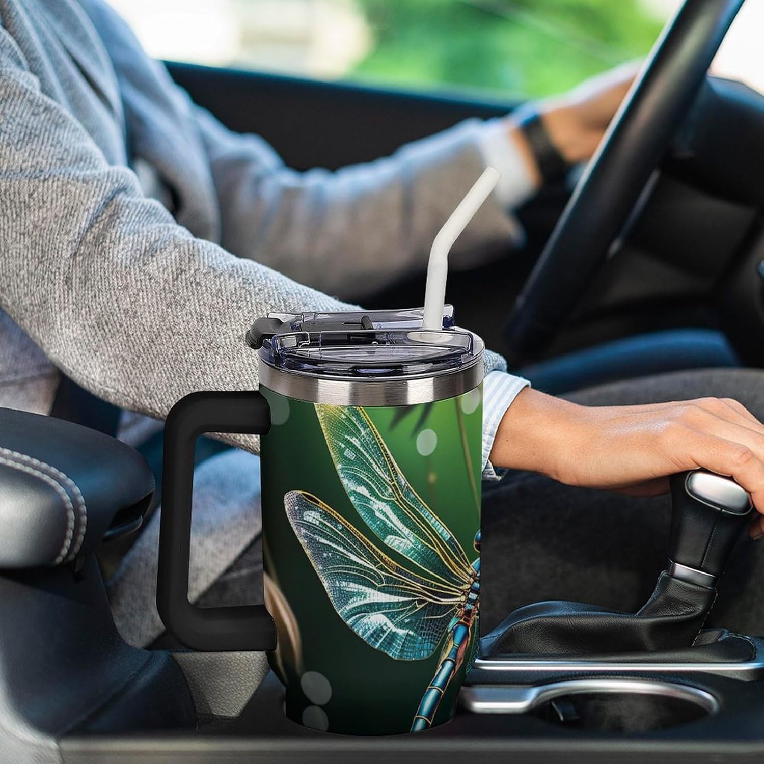 40 Oz Tumbler with Straw And Lid Dragonfly Green Insulated Travel Coffee Mug Stainless Steel Water Bottle Vacuum Insulated Tumblers for Sport Work Car Travel Weekends